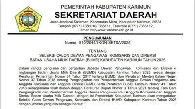 Dibuka Seleksi Calon Dewan Pengawas, Komisaris dan Direksi BUMD Karimun, ini Persyaratannya